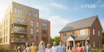 Diverse individuals standing before modern housing, representing federal housing assistance programs.