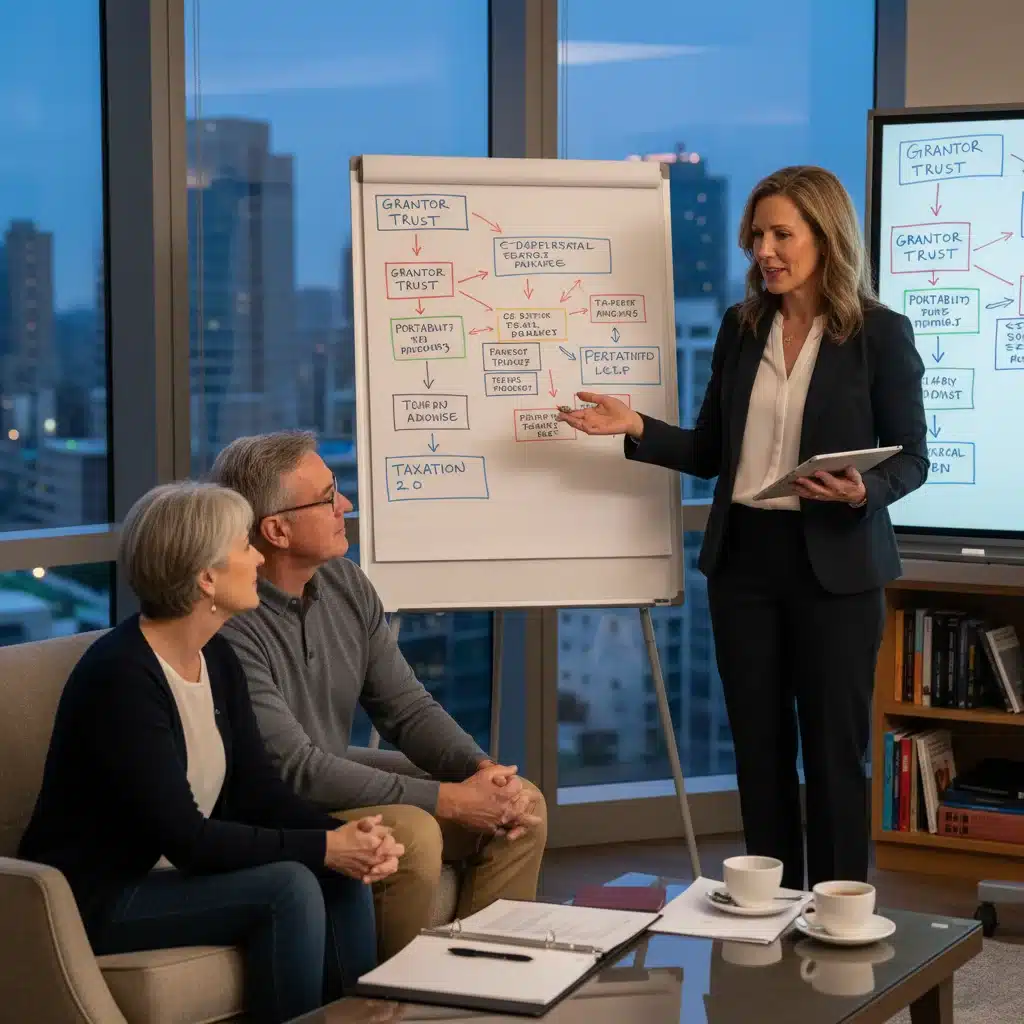 Financial advisor explaining estate tax strategies to clients.