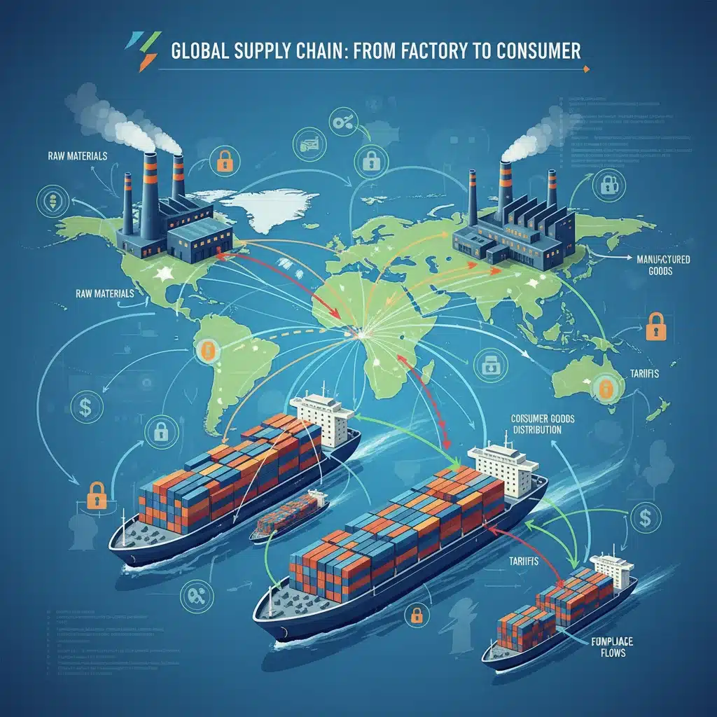 Complex global supply chain with trade barriers and manufacturing points