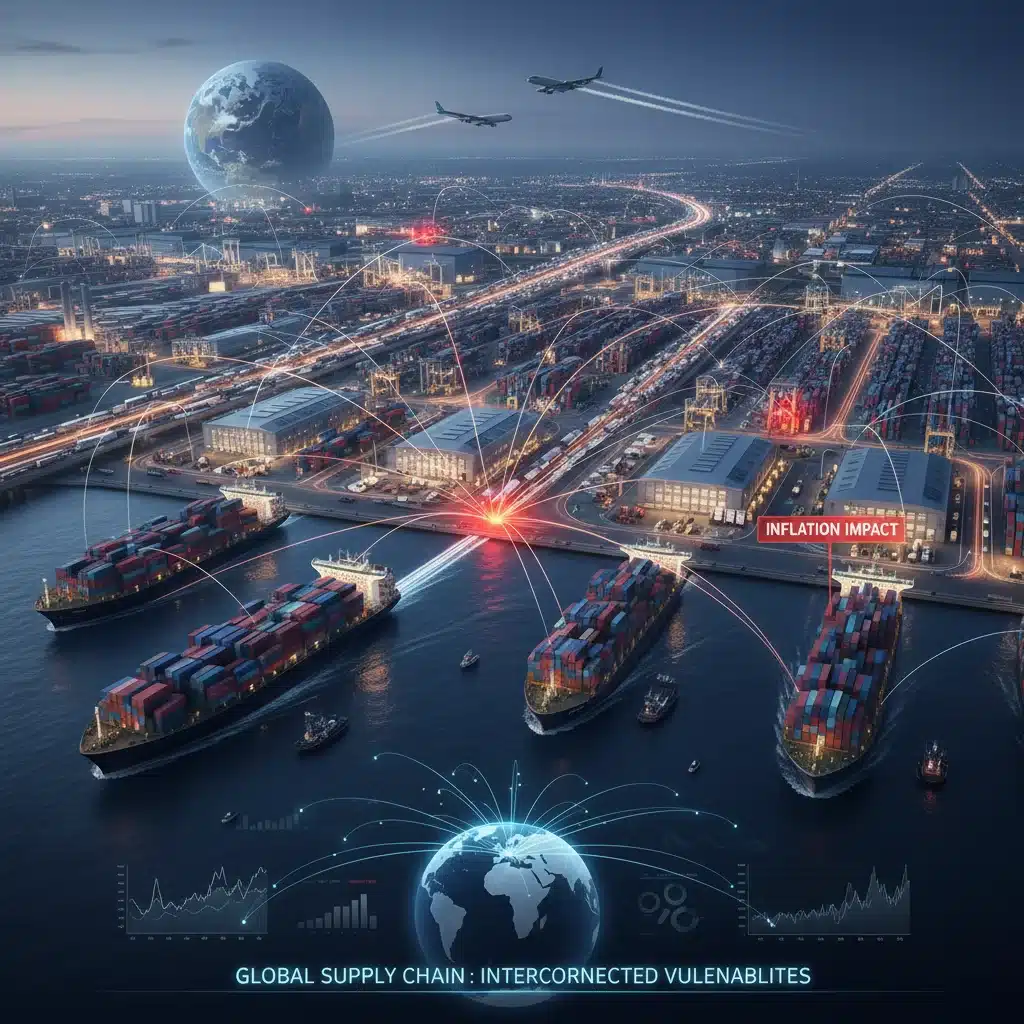 Global supply chain network illustrating its impact on economic inflation.