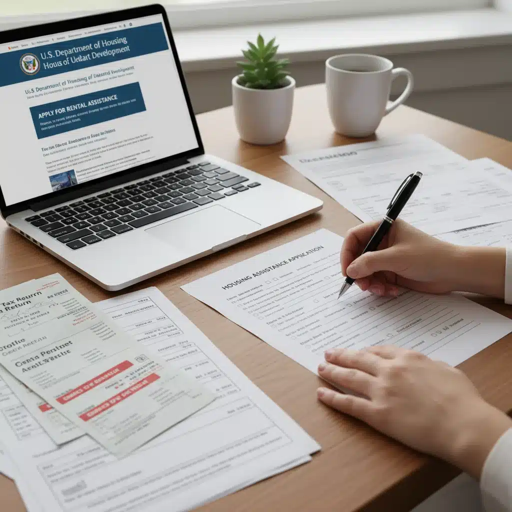Hands completing housing assistance application forms on a desk with a laptop.