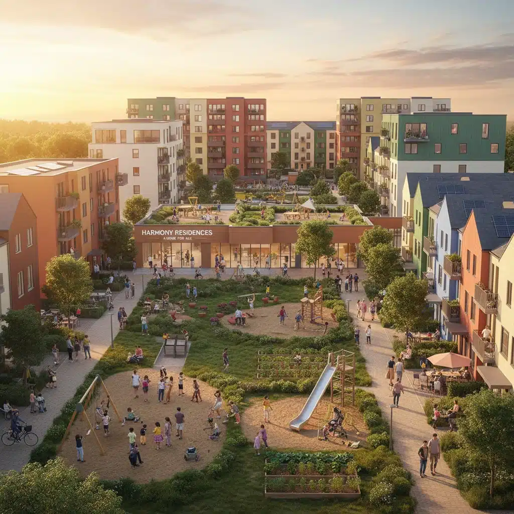 Vibrant mixed-income community with green spaces and diverse residents, showcasing affordable housing impact.