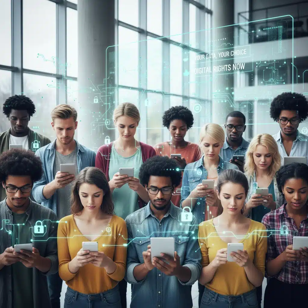 Empowered consumers using digital devices, representing informed digital rights