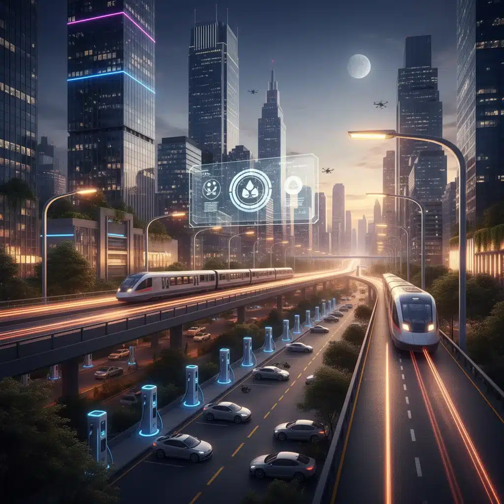 Modern cityscape showcasing advanced infrastructure and technology, representing federal investments in urban development.