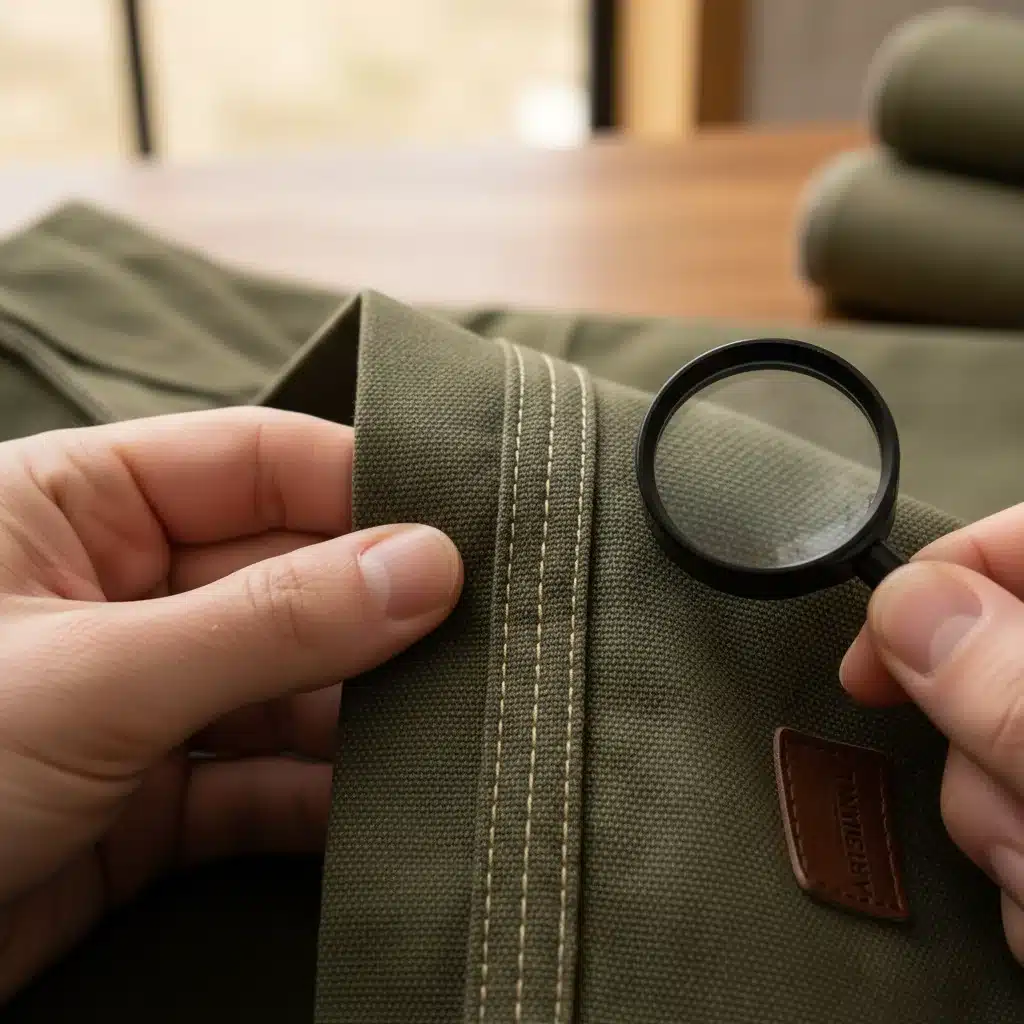 Hands inspecting the quality and craftsmanship of a sustainable garment.