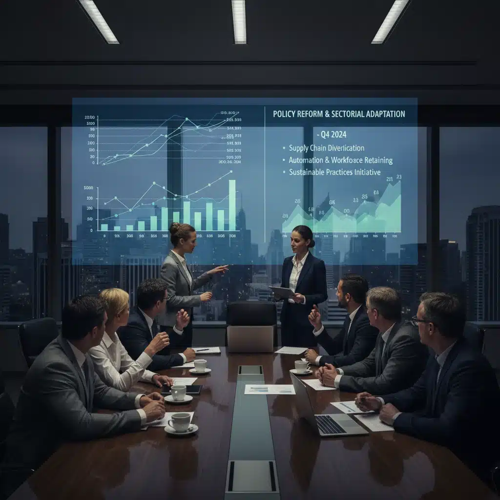 Manufacturing executives strategizing for new trade policies and economic shifts