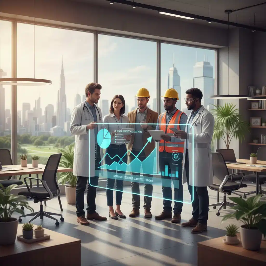 Professionals from diverse sectors analyzing economic data, symbolizing the broad impact of federal spending.