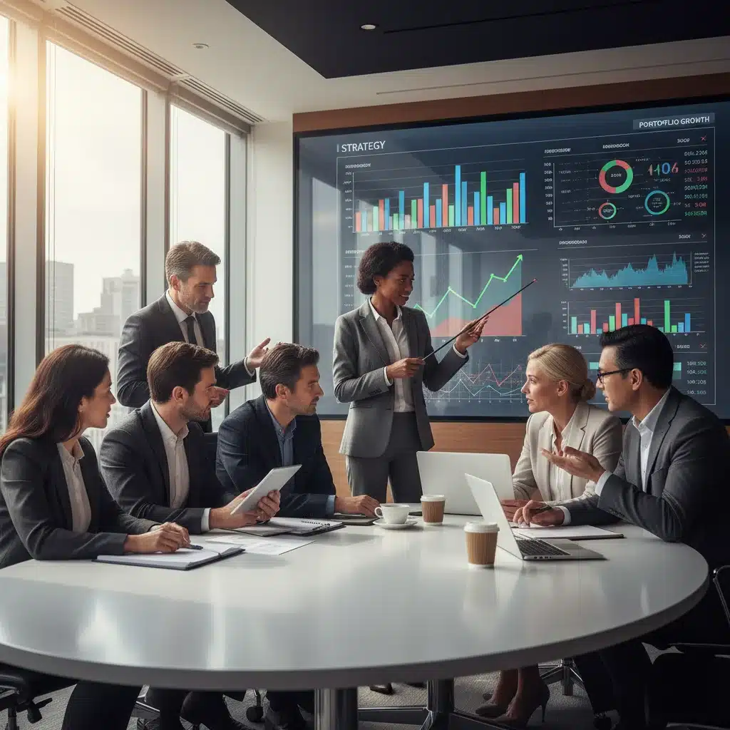 Investors discussing portfolio diversification and short-term bond strategies in a meeting
