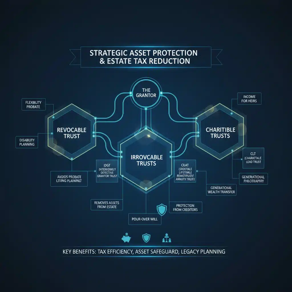 Diagram illustrating various trust structures for estate tax reduction.