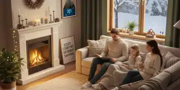 Family enjoying warm home in winter with snow outside