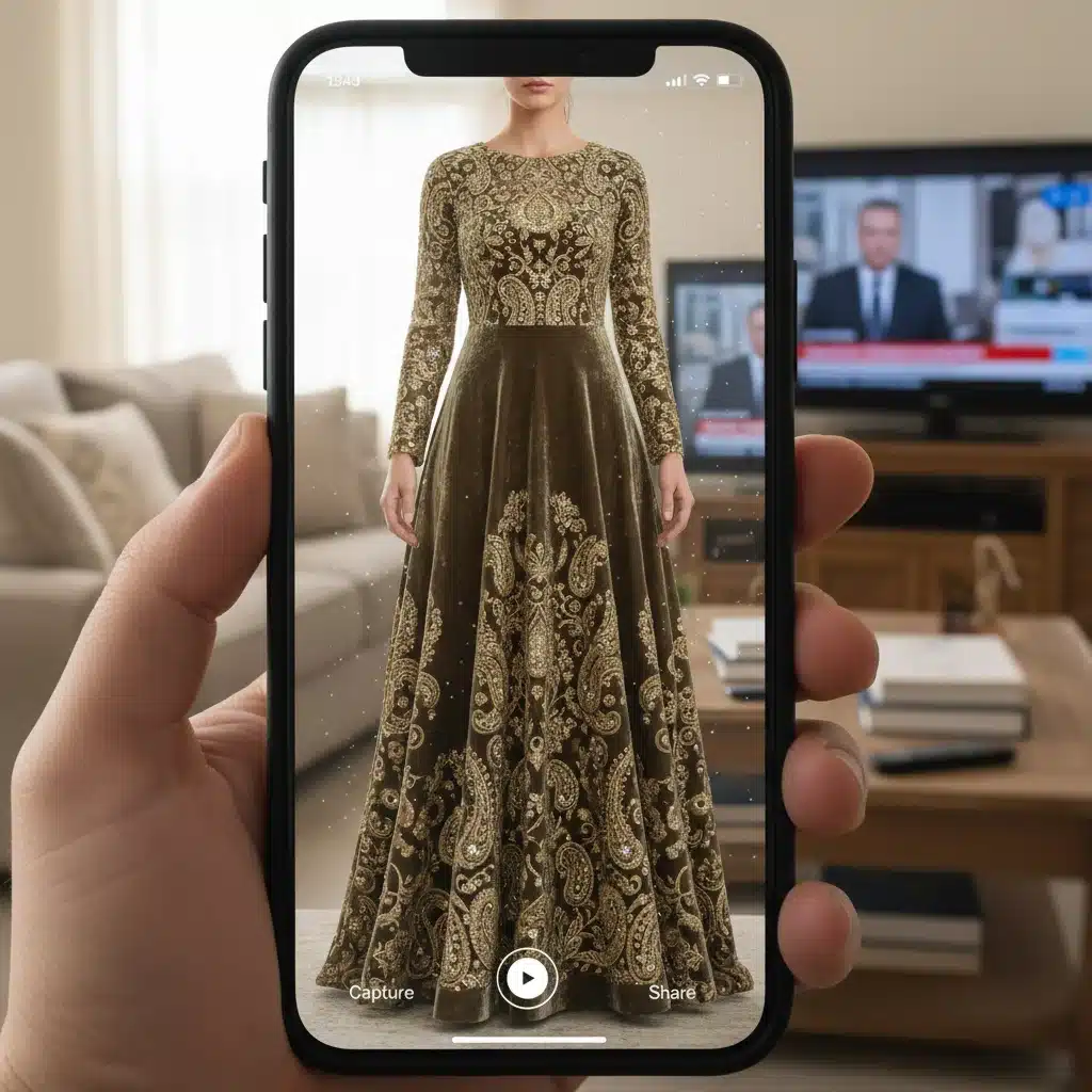 Smartphone displaying an augmented reality app with a user trying on a detailed digital dress in a living room.