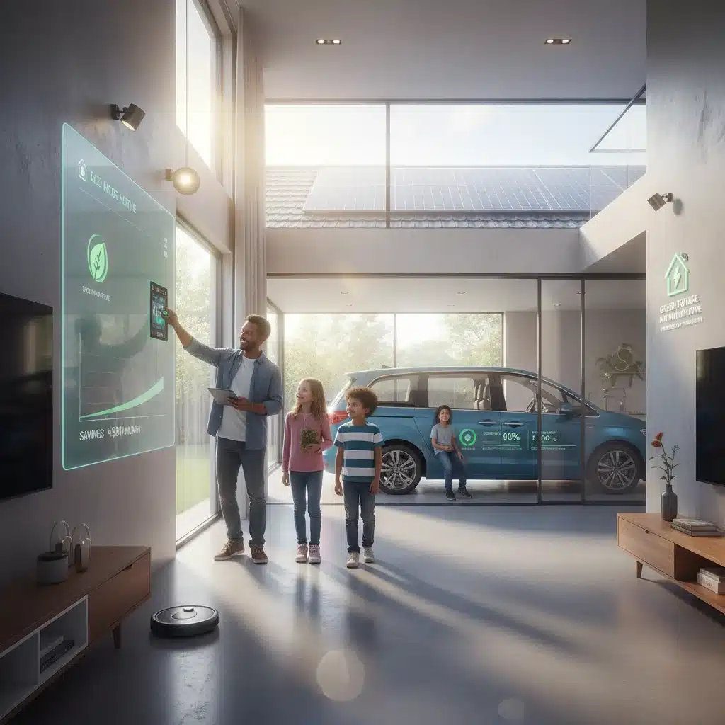 Family enjoying smart home technology and electric vehicles