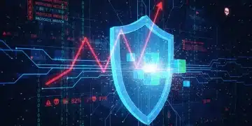 Cybersecurity shield protecting data with a rising threat graph, symbolizing increased data breaches.