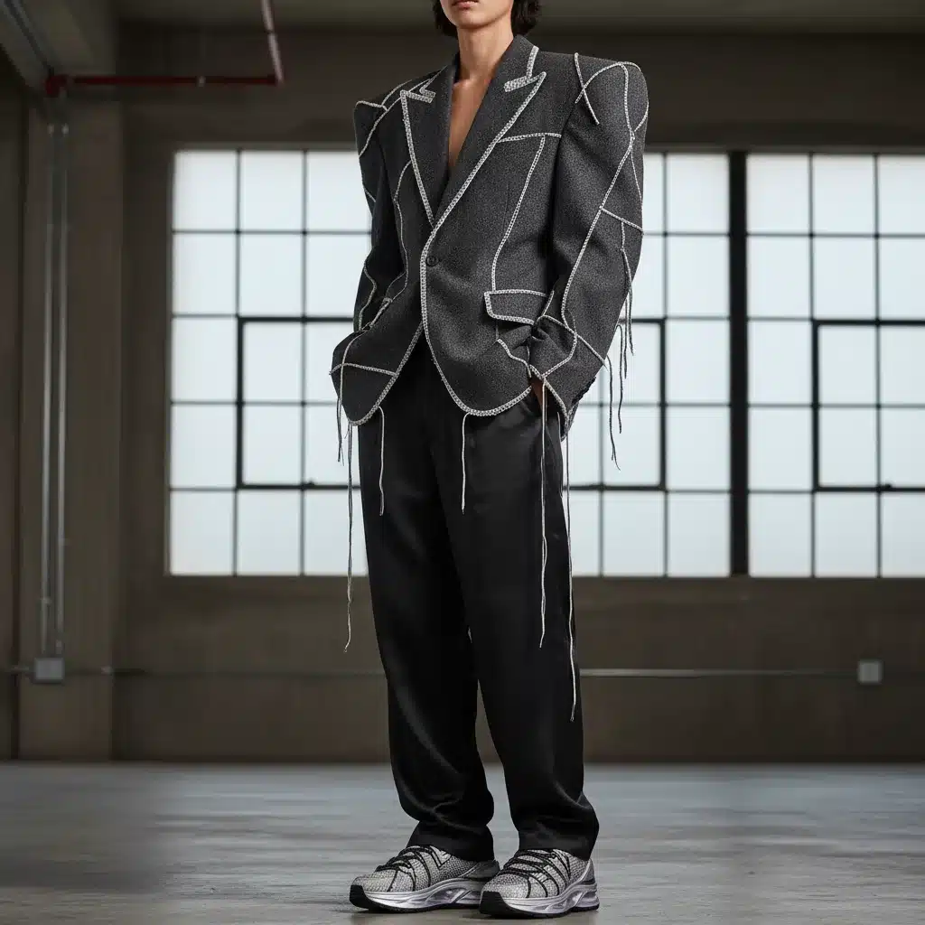 Detailed view of a deconstructed blazer and avant-garde sneakers, showcasing a designer's innovative approach to tailoring.