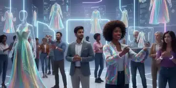 U.S. consumers exploring diverse digital fashion in a futuristic virtual showroom with holographic displays.