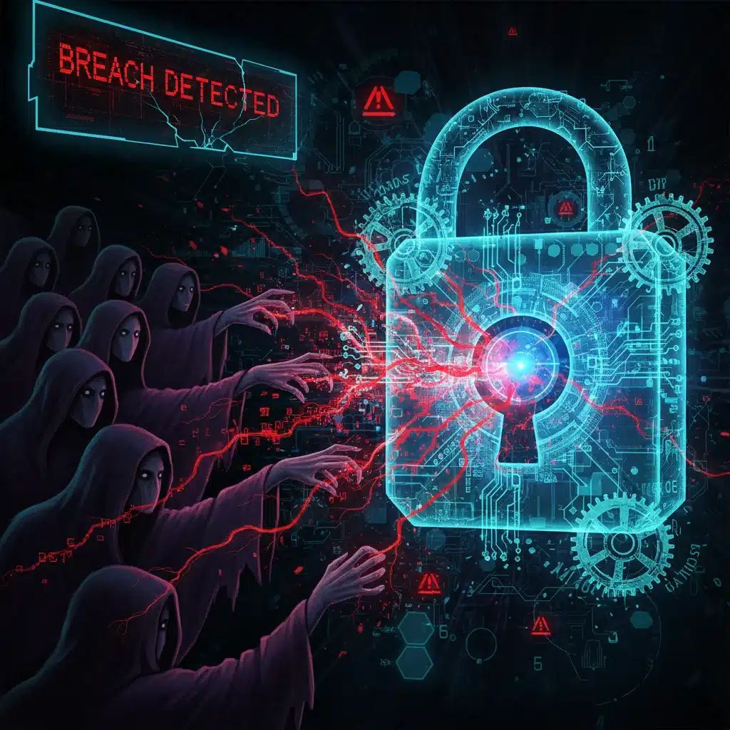 Digital lock being broken by a hacker, illustrating system vulnerability and sophisticated cyberattacks.