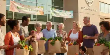 Diverse community members receiving food assistance, smiling with full grocery bags.
