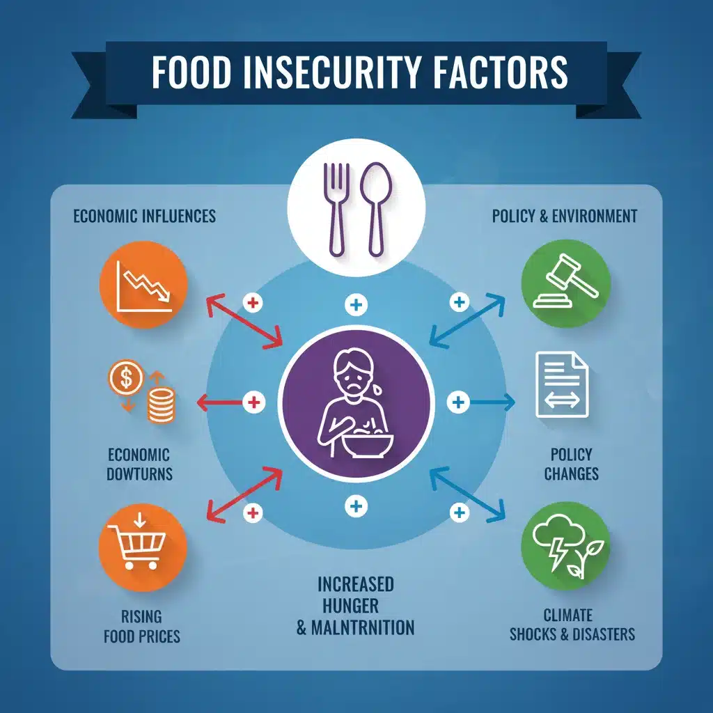 Infographic showing factors influencing food insecurity and policy changes.