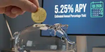 Hand putting coin into piggy bank with 5.25% APY digital display