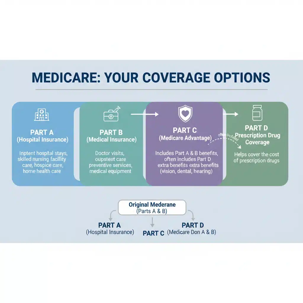 Infographic detailing Medicare Parts A, B, C, and D coverage