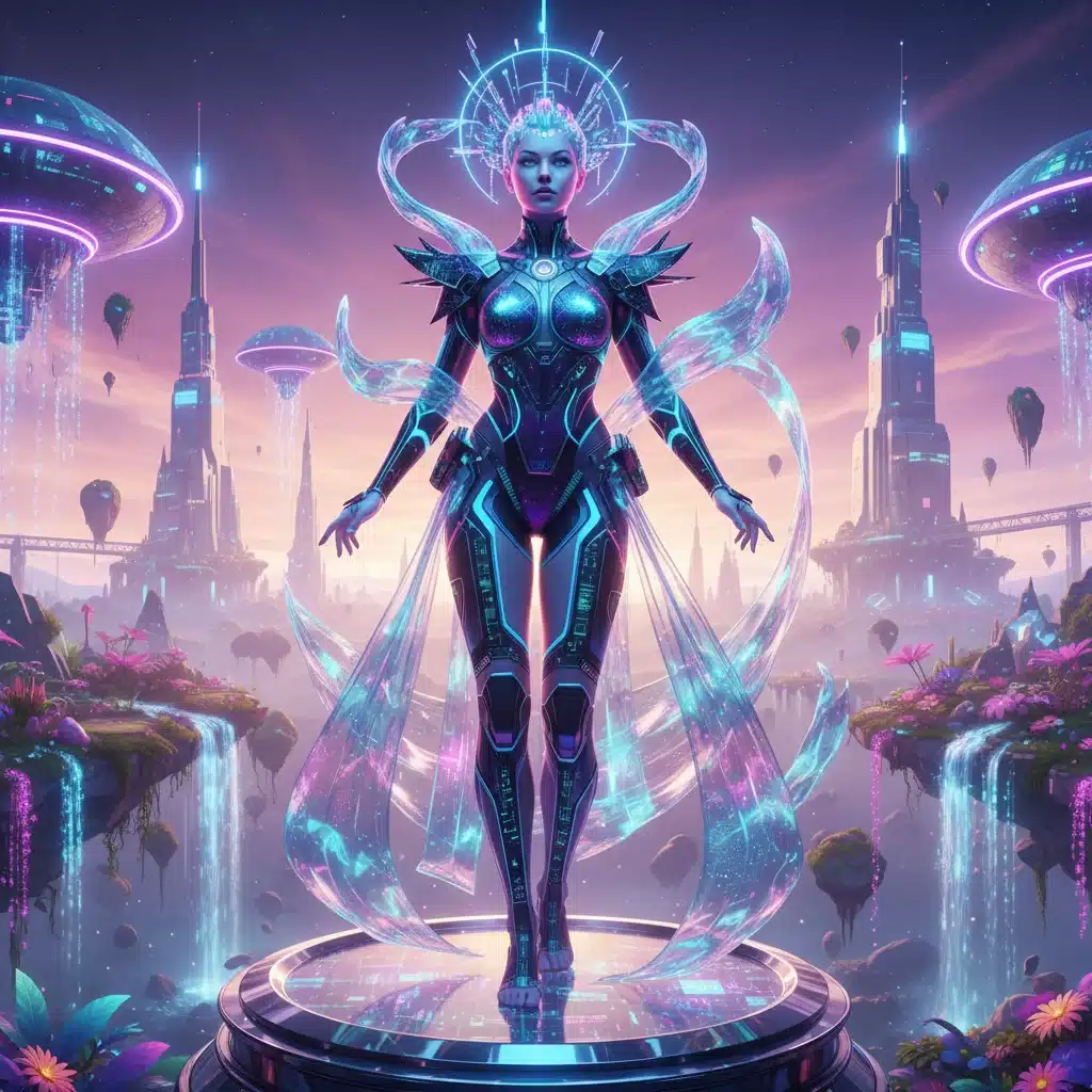 Digital avatar in an avant-garde virtual outfit standing in a surreal metaverse landscape.