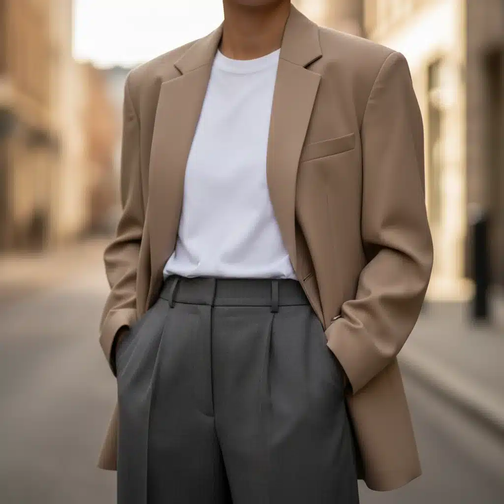Person wearing oversized blazer and wide-leg trousers, modern style