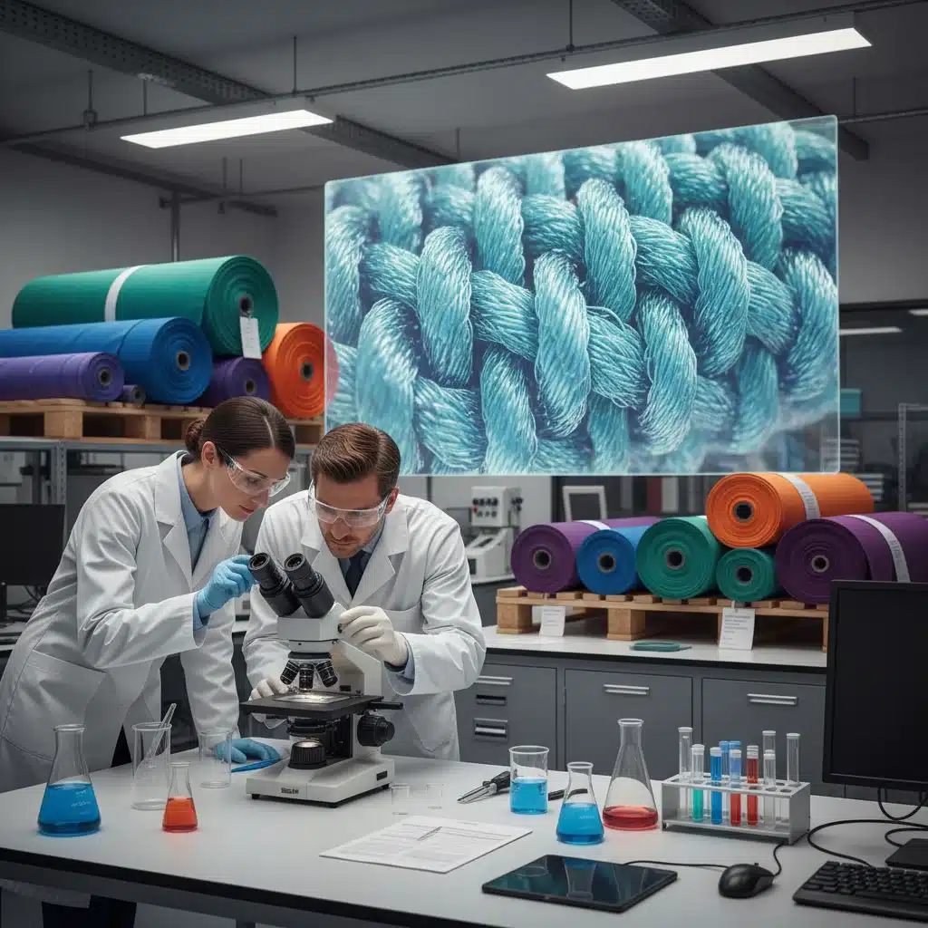 Scientists examining high-performance recycled polyester fabric in a lab, emphasizing sustainable and durable textile development.