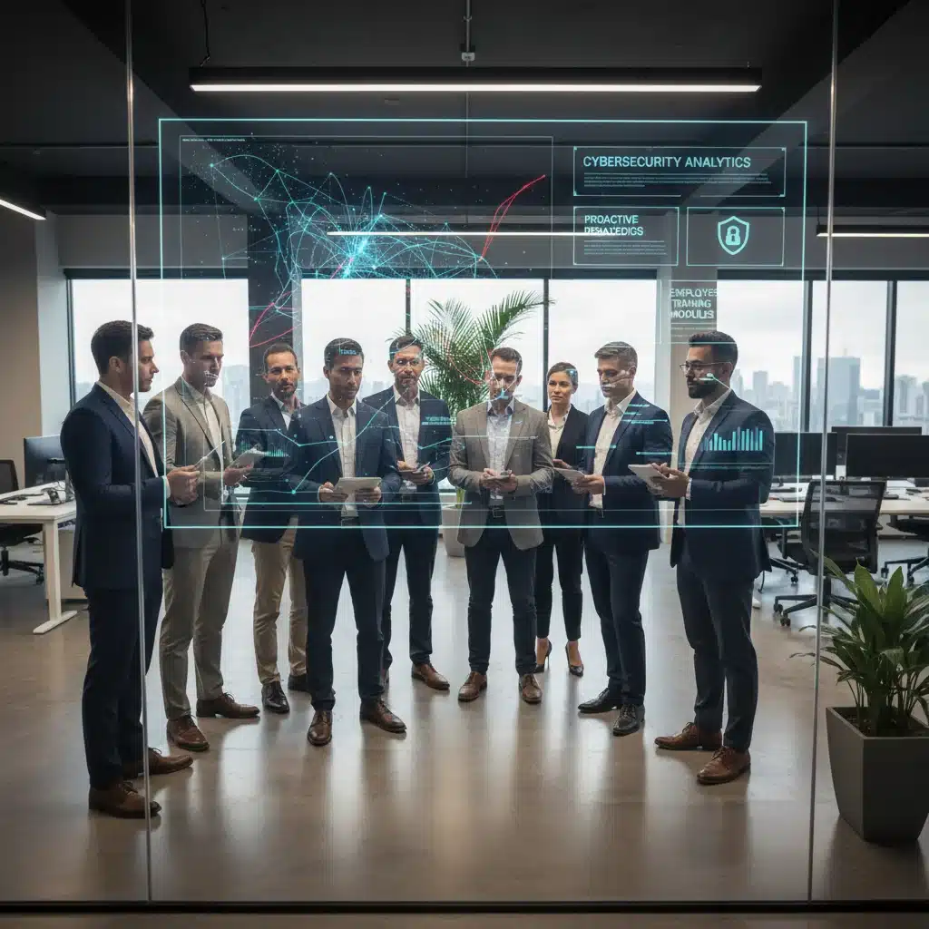 Business professionals reviewing cybersecurity analytics, emphasizing proactive defense and employee training.