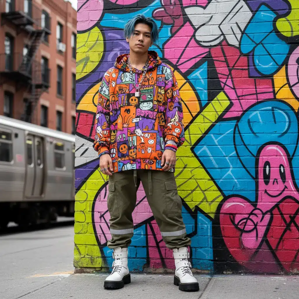 Individual in an oversized graphic hoodie and cargo pants against a colorful street art mural, embodying urban fashion fusion.