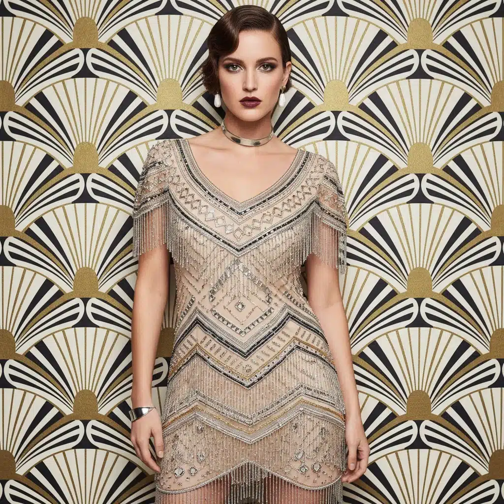 Modern flapper dress with intricate beadwork, showcasing 1920s retro fashion influence in 2026.