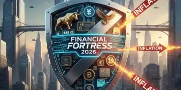 Financial portfolio shield protecting against inflation arrows in 2026