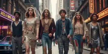 Modern individuals showcasing 2026 retro fashion trends, blending 20s, 70s, and 90s styles in an urban setting.