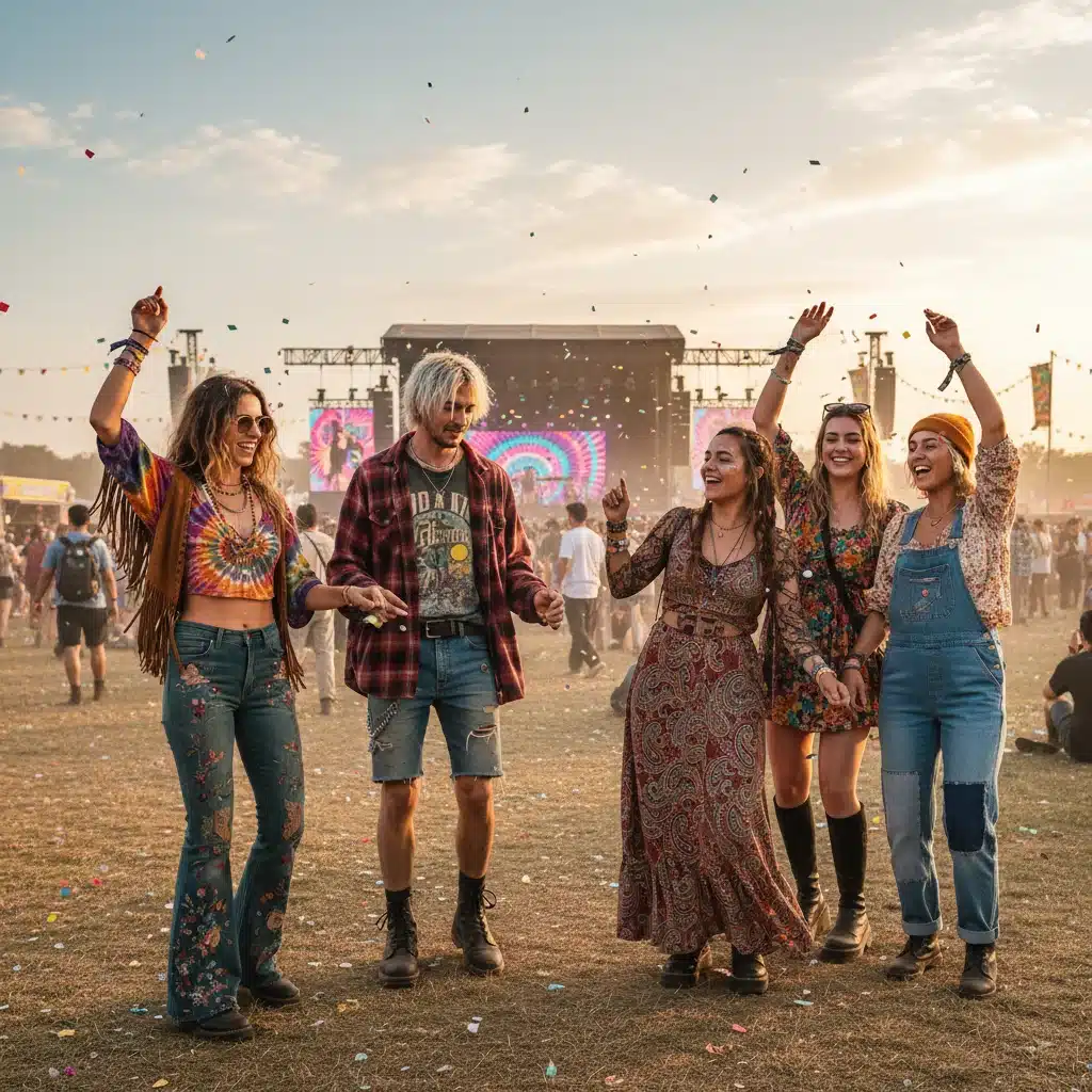 Youth at a festival embracing 70s bohemian and 90s grunge fashion styles.