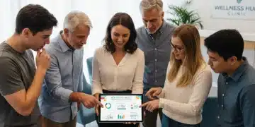 Diverse individuals reviewing health policy changes on a tablet