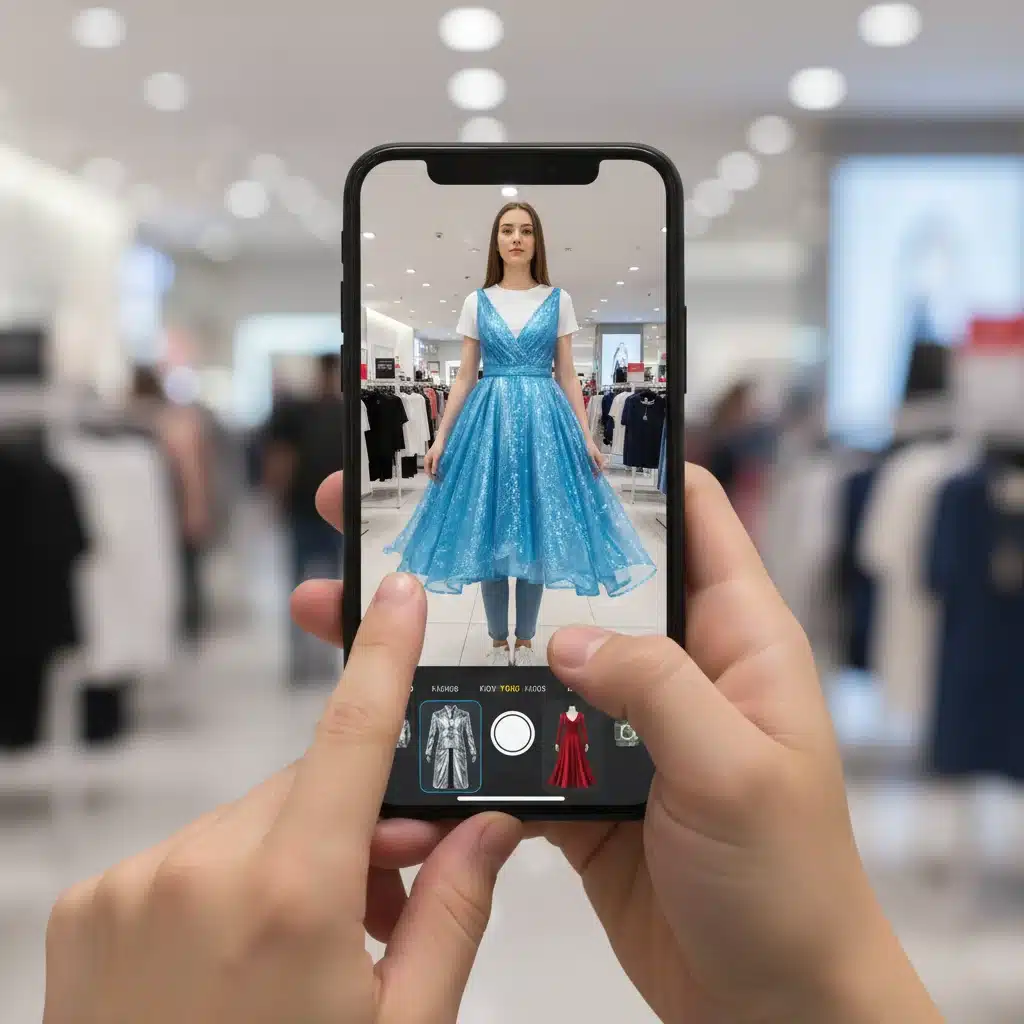 Hands using a smartphone for augmented reality fashion try-on in a retail setting.