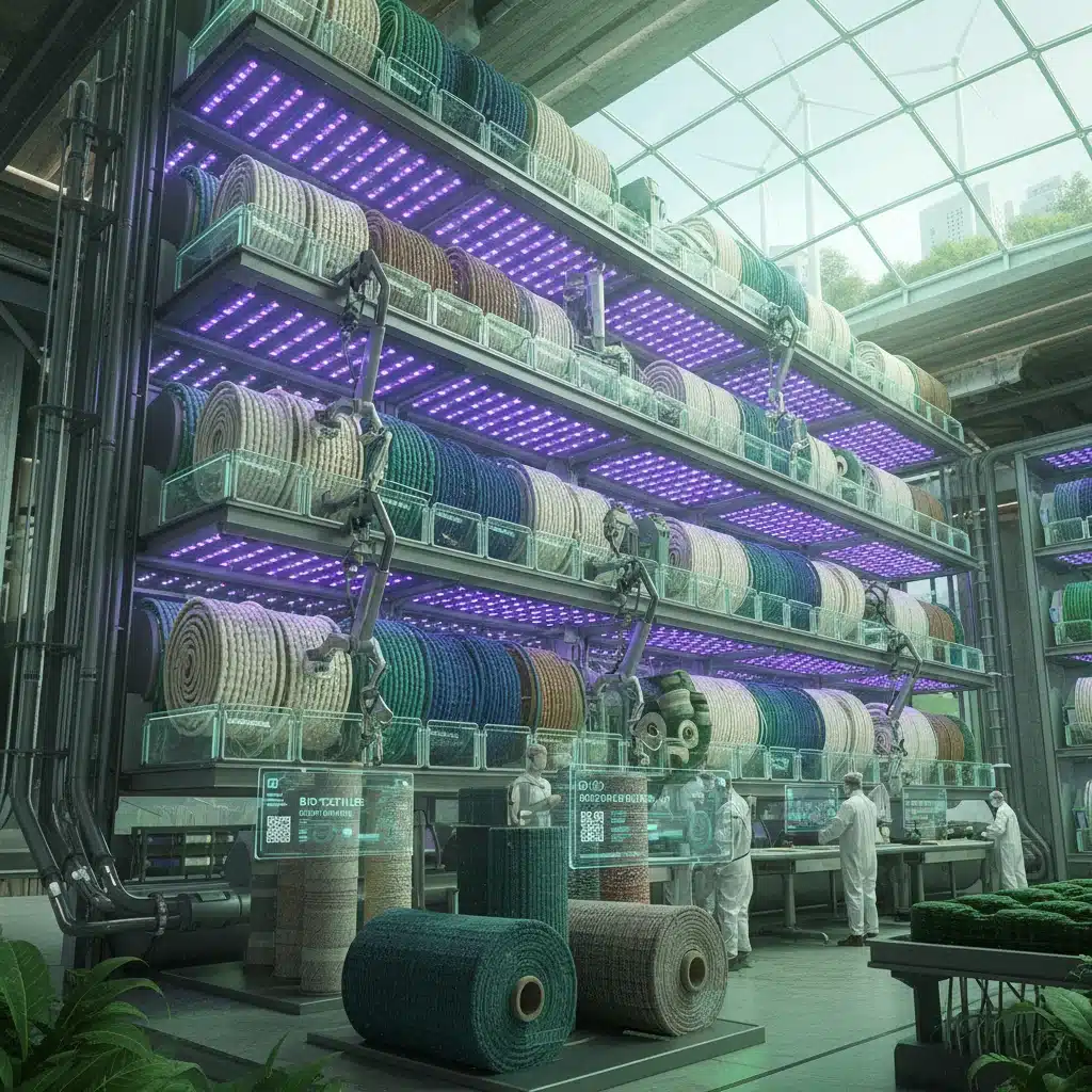 Bio-textiles growing in a vertical farm, illustrating innovative sustainable material sourcing.