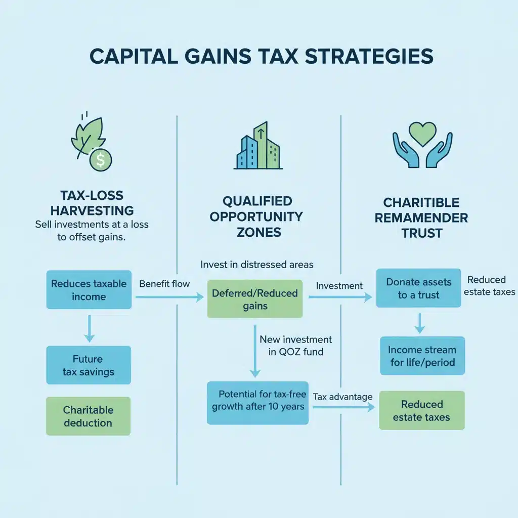 Infographic detailing capital gains tax saving strategies