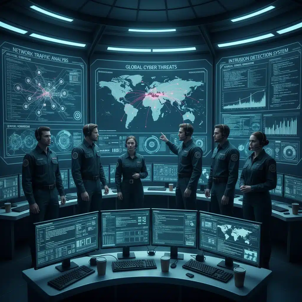 Cybersecurity analysts monitoring threat intelligence in control room