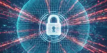Digital network grid with cybersecurity threats and padlock