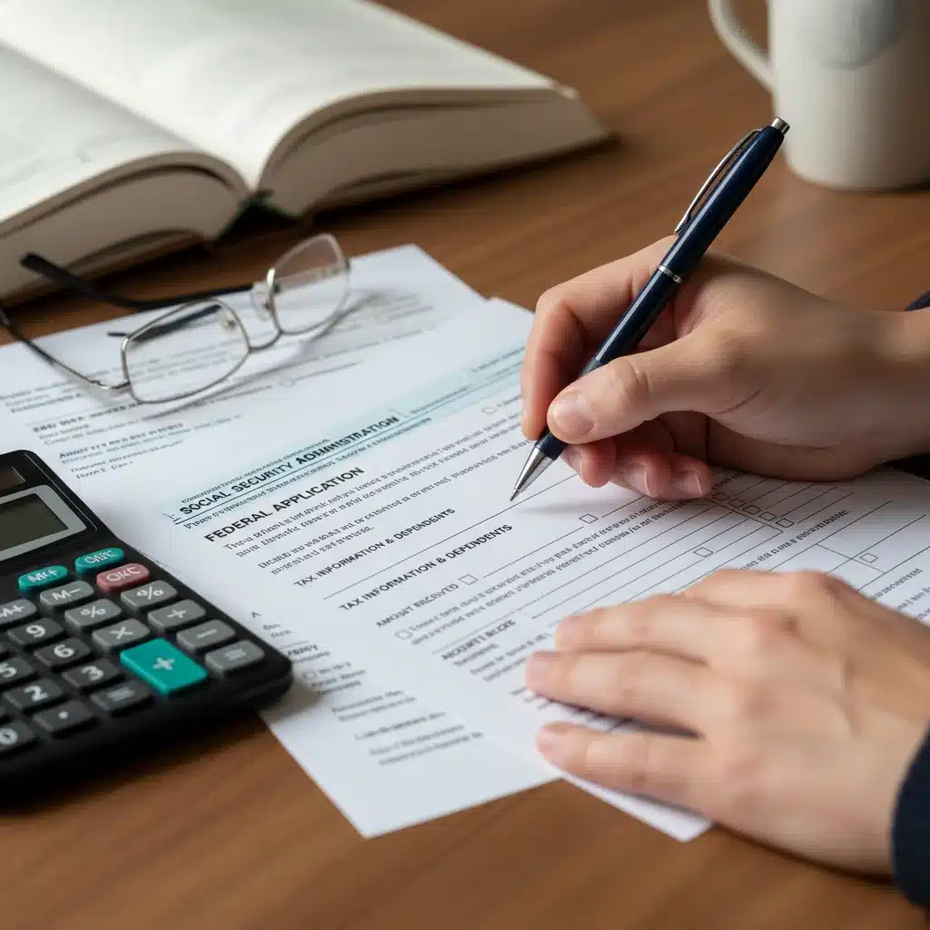 Person meticulously filling out federal benefits application forms