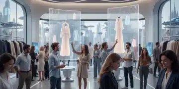 Futuristic retail store with AI displays and engaged shoppers