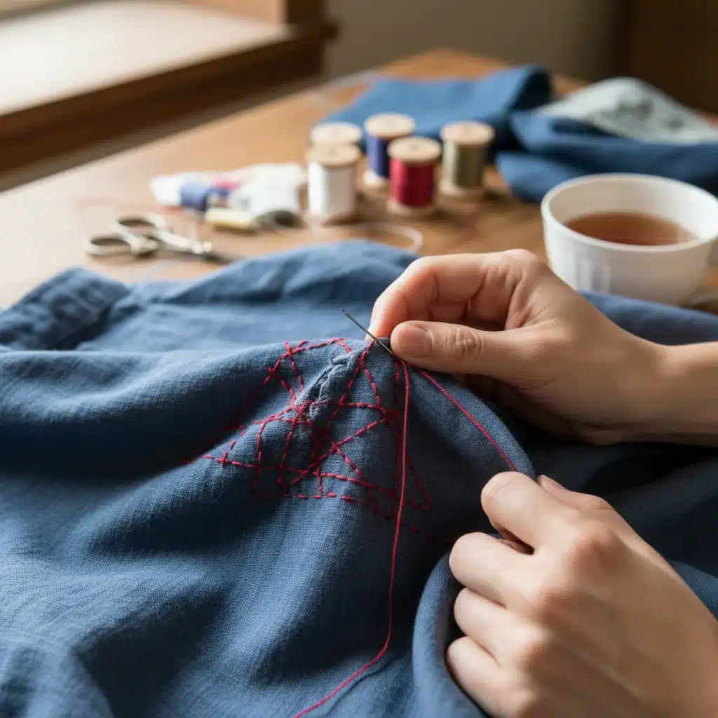 Hands mending a garment, symbolizing repair and reuse in sustainable fashion.
