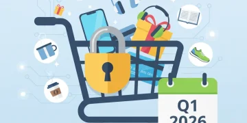 Secure online shopping cart with padlock and calendar for Q1 2026