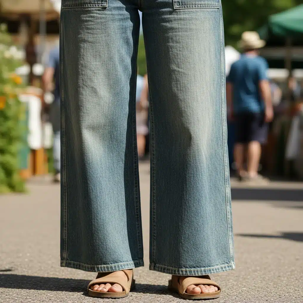 Close-up of sustainable wide-leg denim fabric with natural dye.