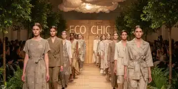 Models wearing sustainable fashion from organic cotton and recycled materials on a green runway.