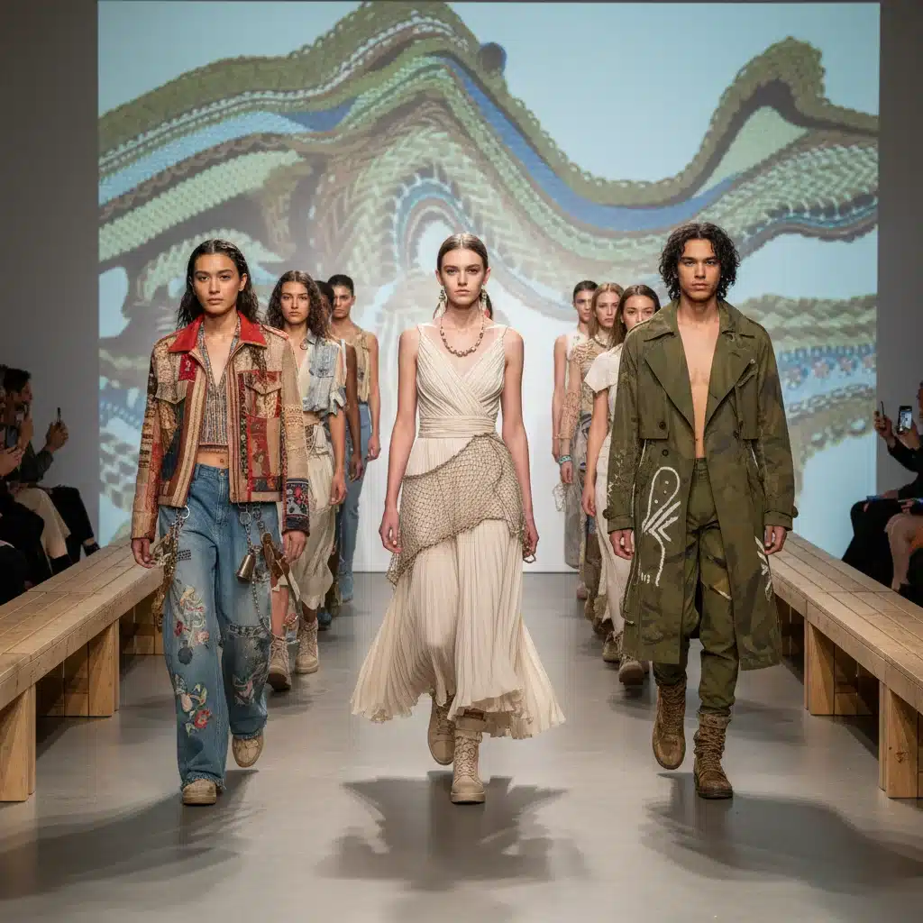 Gen Z models on a runway wearing upcycled and ethically sourced fashion.
