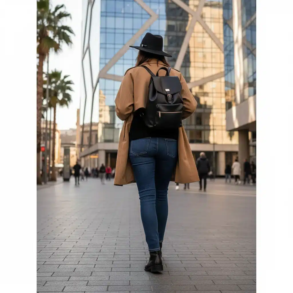 Person walking in tailored dark wash slim-fit denim jeans.