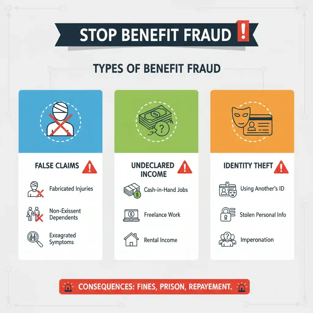 Infographic showing different types of benefit fraud and their consequences