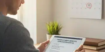 Person reviewing unemployment benefits information on tablet for 2026