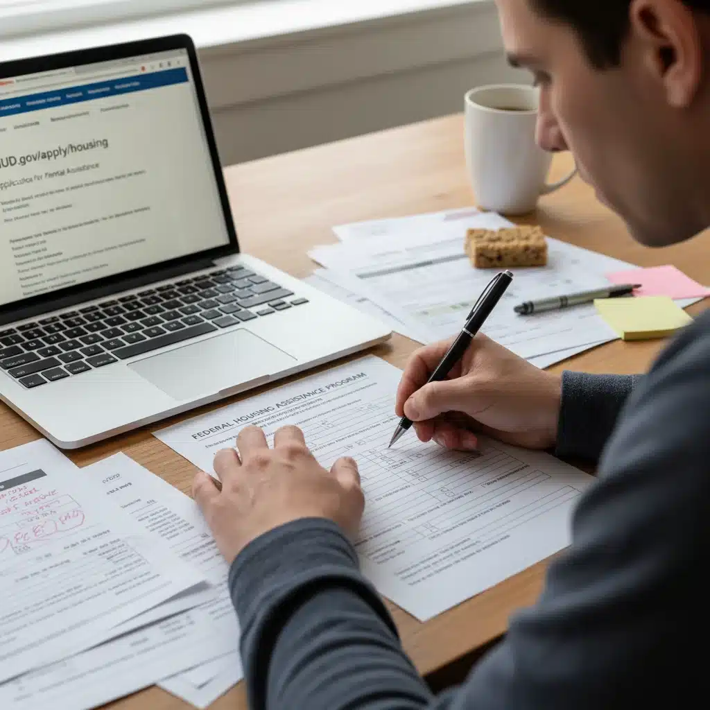 Hands filling out federal housing assistance application form with laptop and documents.